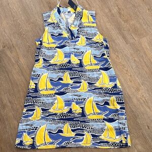 Crown & Ivy Blue and Yellow Sailboat Print Midi Dress